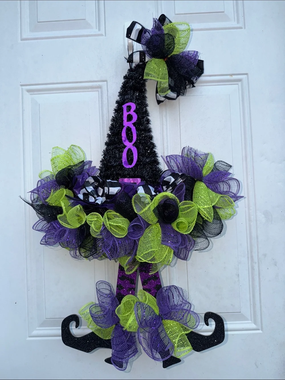 Festive Halloween Witch Hat Door Wreath - Purple, Green & Black